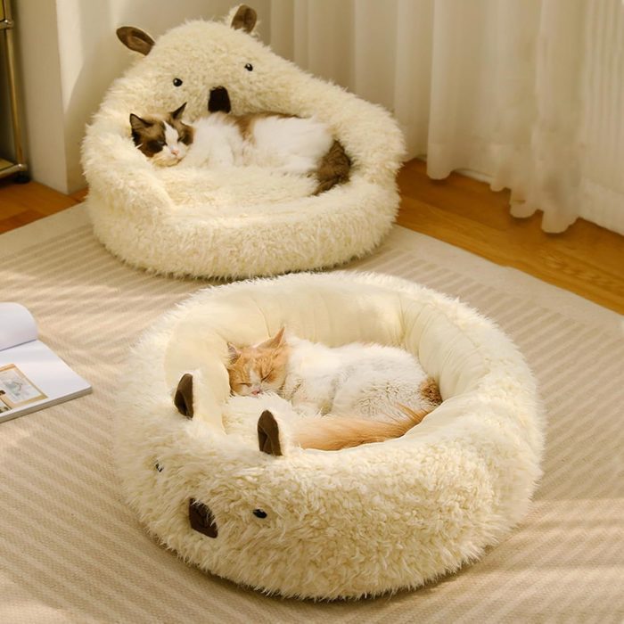 Cut Alpaca Pet Bed For Small Medium Large Dogs Cats Calming Dog Bed Cat Beds With Detachable Plush Pads Anti Slip Bottom Raised Edges Cat Litter Winter Warm Nest White - Image 2